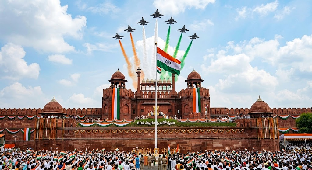 80th Independence Day: బానిస సంకెళ్ల నుండి అజేయ శక్తిగా భారత్ ప్రస్థానం... ప్రపంచం నోరెళ్లబెట్టేలా! - NaaTV Telugu 80th Independence Day India celebrations at Red Fort featuring Indian tricolor flag hoisting and IAF jet flypast