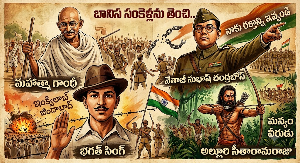 80th Independence Day: బానిస సంకెళ్ల నుండి అజేయ శక్తిగా భారత్ ప్రస్థానం... ప్రపంచం నోరెళ్లబెట్టేలా! - NaaTV Telugu Honoring freedom fighters on 80th Independence Day with a vintage collage of Mahatma Gandhi, Bhagat Singh, Netaji, and Alluri Sitarama Raju