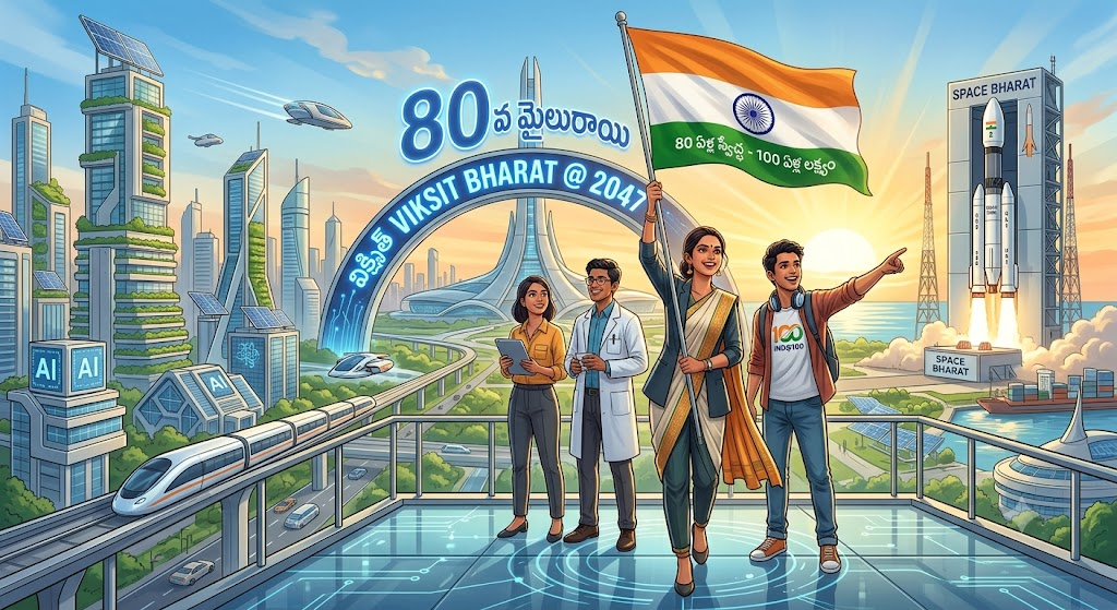 80th Independence Day: బానిస సంకెళ్ల నుండి అజేయ శక్తిగా భారత్ ప్రస్థానం... ప్రపంచం నోరెళ్లబెట్టేలా! - NaaTV Telugu Viksit Bharat vision on 80th Independence Day milestone featuring Indian youth, high-tech futuristic city, and space technology